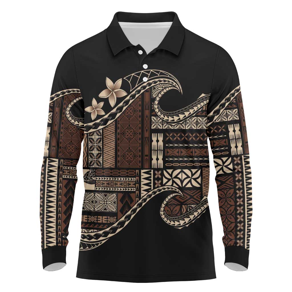 Samoa Siapo Mamanu Long Sleeve Polo Shirt Waves Motifs LT7 Black - Polynesian Pride