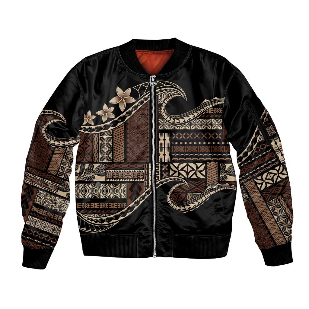 Samoa Siapo Mamanu Sleeve Zip Bomber Jacket Waves Motifs LT7 Unisex Black - Polynesian Pride