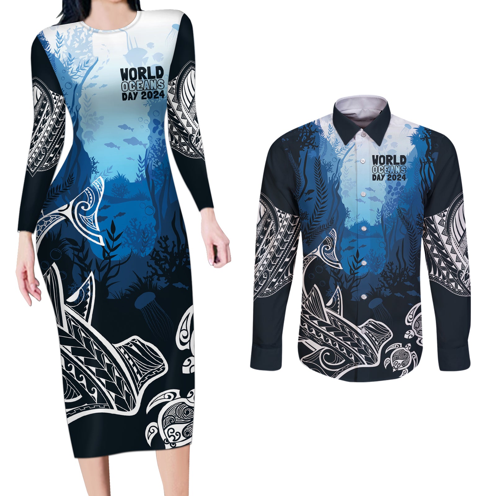 World Ocean Day Pasifika Couples Matching Long Sleeve Bodycon Dress and Long Sleeve Button Shirt Awaken New Depths LT7 Blue - Polynesian Pride