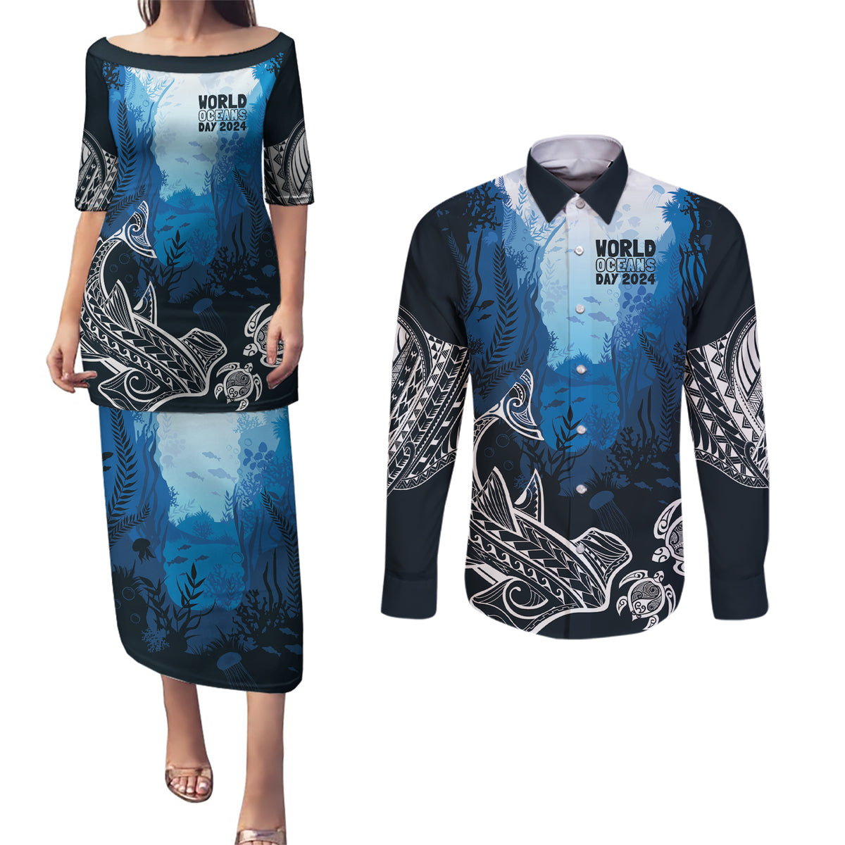 World Ocean Day Pasifika Couples Matching Puletasi and Long Sleeve Button Shirt Awaken New Depths