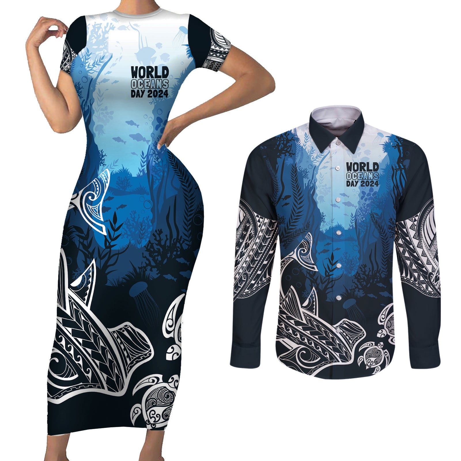 World Ocean Day Pasifika Couples Matching Short Sleeve Bodycon Dress and Long Sleeve Button Shirt Awaken New Depths LT7 Blue - Polynesian Pride