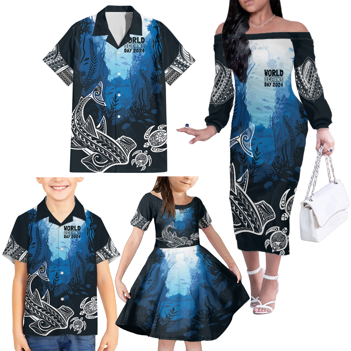 World Ocean Day Pasifika Family Matching Off The Shoulder Long Sleeve Dress and Hawaiian Shirt Awaken New Depths LT7 - Polynesian Pride