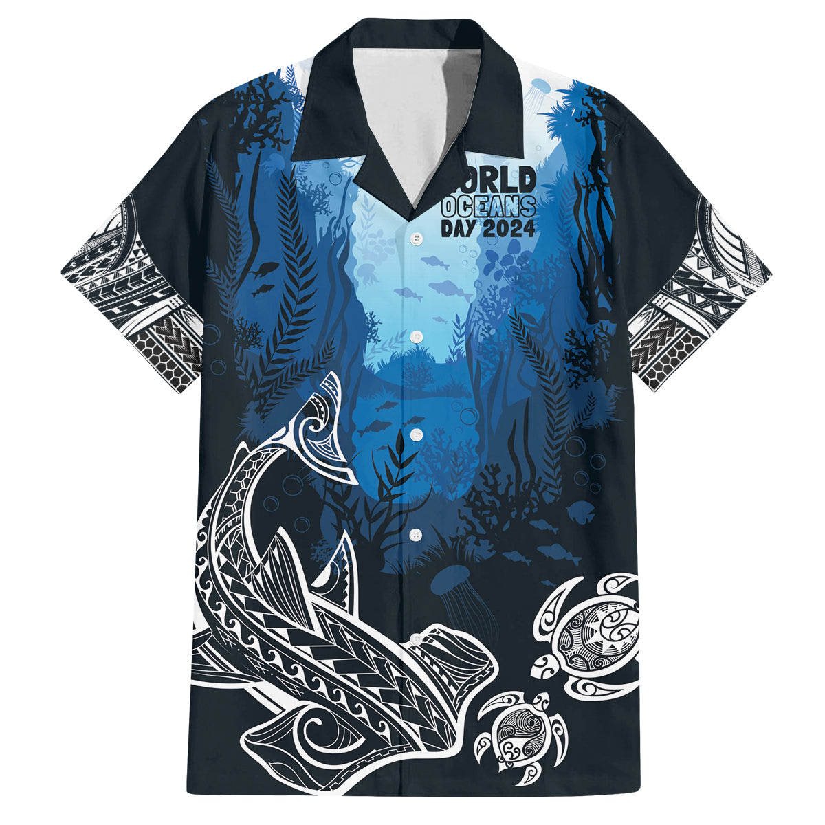 World Ocean Day Pasifika Family Matching Puletasi and Hawaiian Shirt Awaken New Depths LT7 Dad's Shirt - Short Sleeve Blue - Polynesian Pride