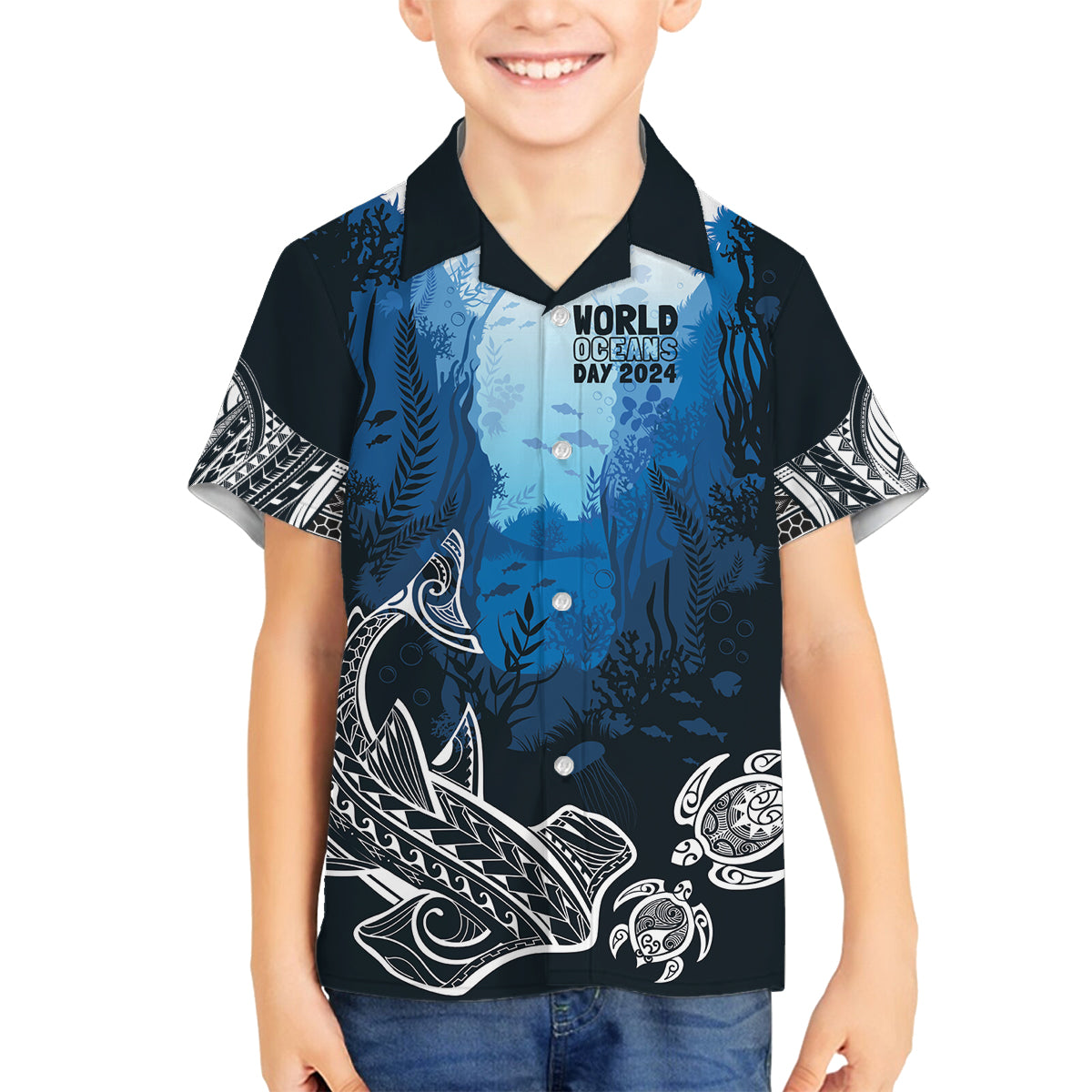 World Ocean Day Pasifika Family Matching Puletasi and Hawaiian Shirt Awaken New Depths LT7 Son's Shirt Blue - Polynesian Pride
