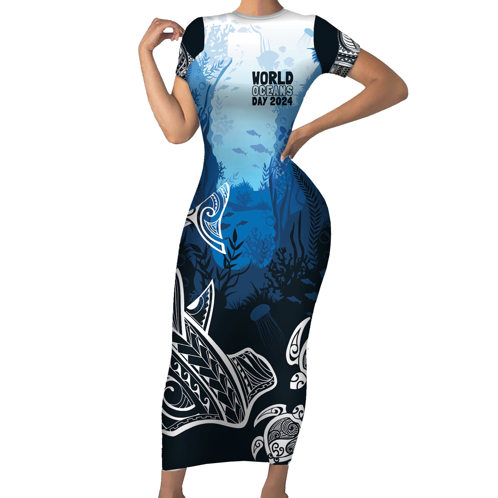 World Ocean Day Pasifika Short Sleeve Bodycon Dress Awaken New Depths