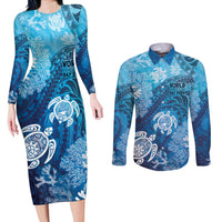 Hawaii World Ocean Day Couples Matching Long Sleeve Bodycon Dress and Long Sleeve Button Shirt Kakau Turtles