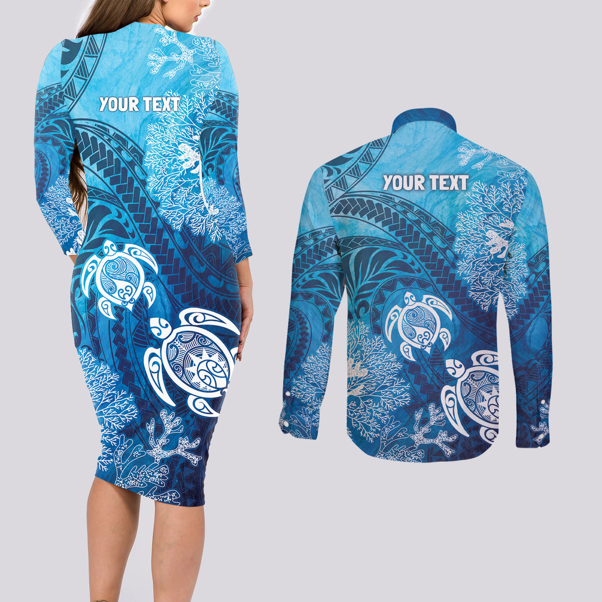 Hawaii World Ocean Day Couples Matching Long Sleeve Bodycon Dress and Long Sleeve Button Shirt Kakau Turtles