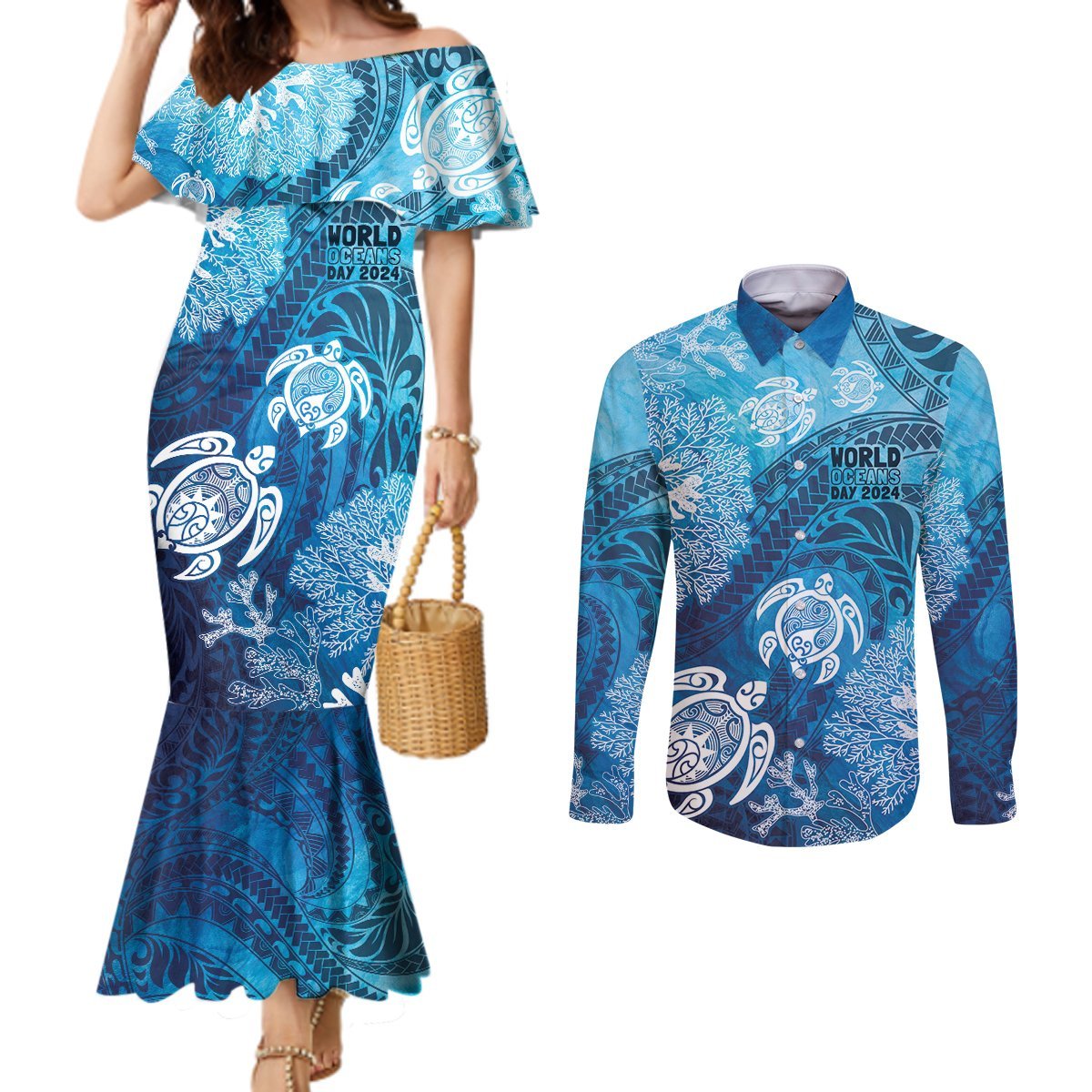 Hawaii World Ocean Day Couples Matching Mermaid Dress and Long Sleeve Button Shirt Kakau Turtles LT7 Blue - Polynesian Pride