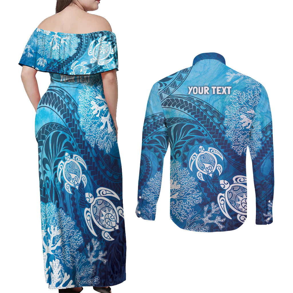 Hawaii World Ocean Day Couples Matching Off Shoulder Maxi Dress and Long Sleeve Button Shirt Kakau Turtles