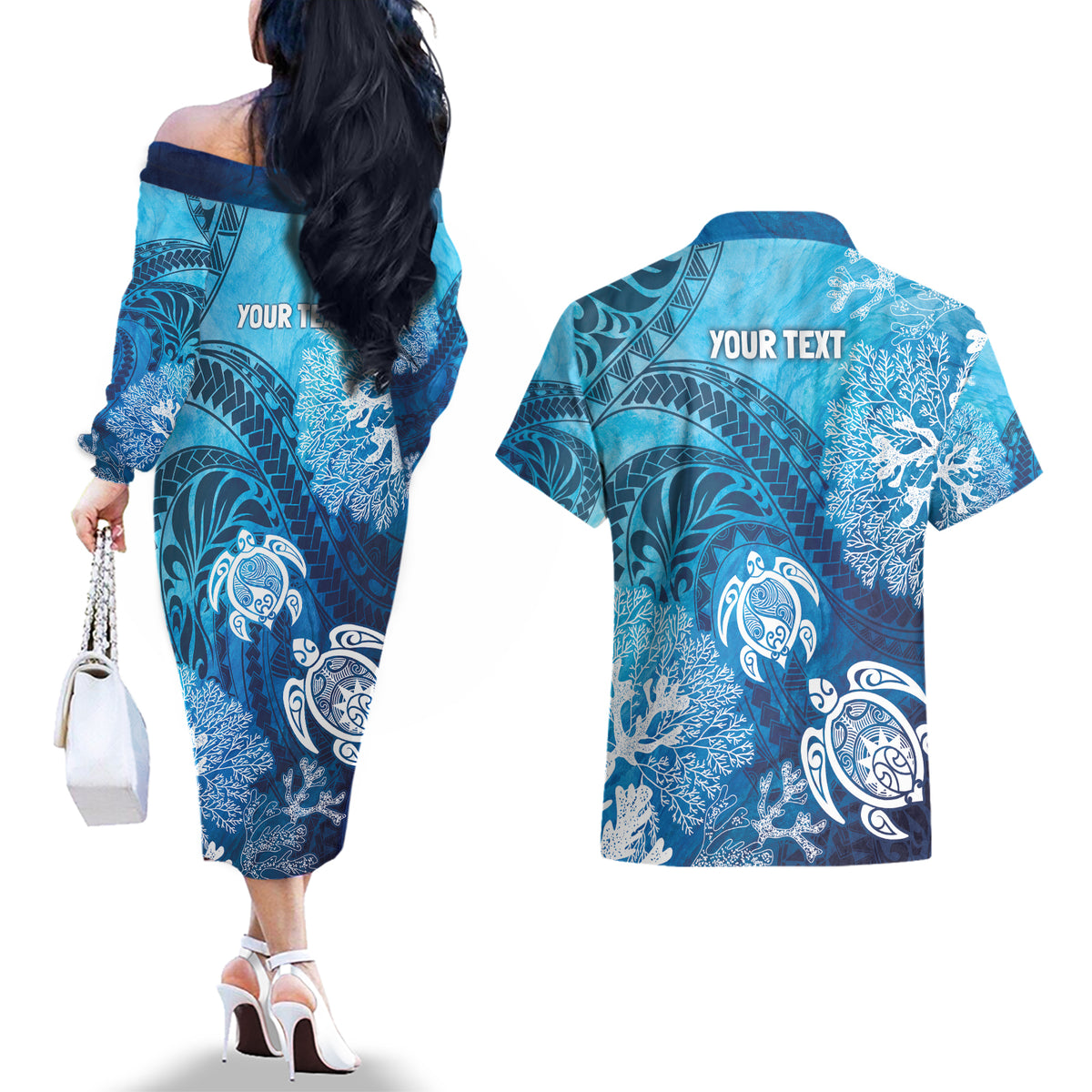 Hawaii World Ocean Day Couples Matching Off The Shoulder Long Sleeve Dress and Hawaiian Shirt Kakau Turtles