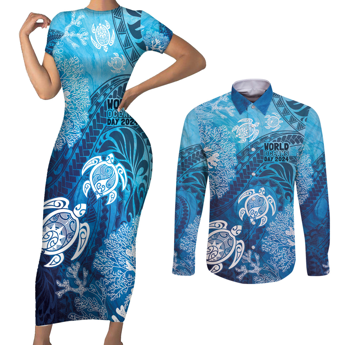 Hawaii World Ocean Day Couples Matching Short Sleeve Bodycon Dress and Long Sleeve Button Shirt Kakau Turtles