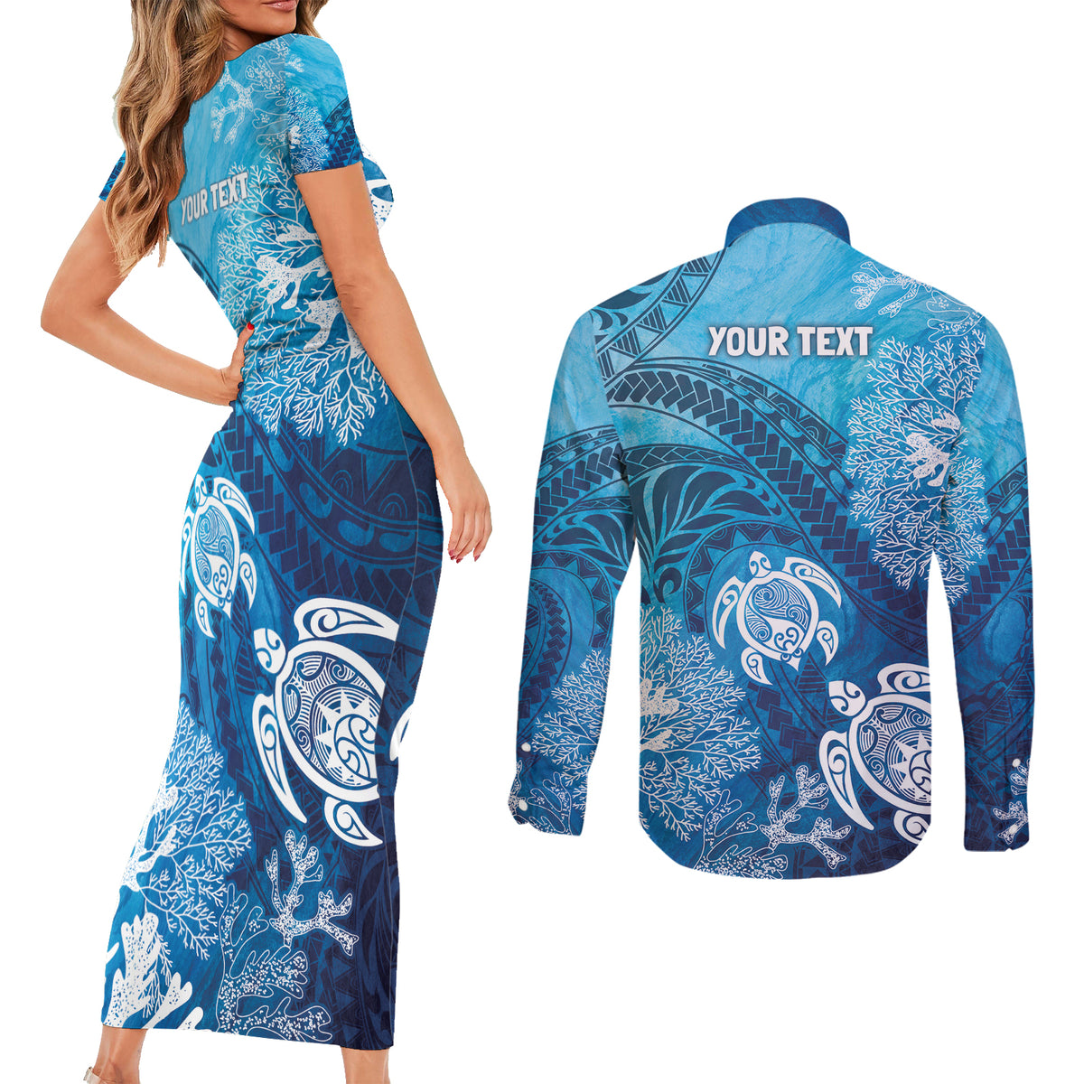 Hawaii World Ocean Day Couples Matching Short Sleeve Bodycon Dress and Long Sleeve Button Shirt Kakau Turtles