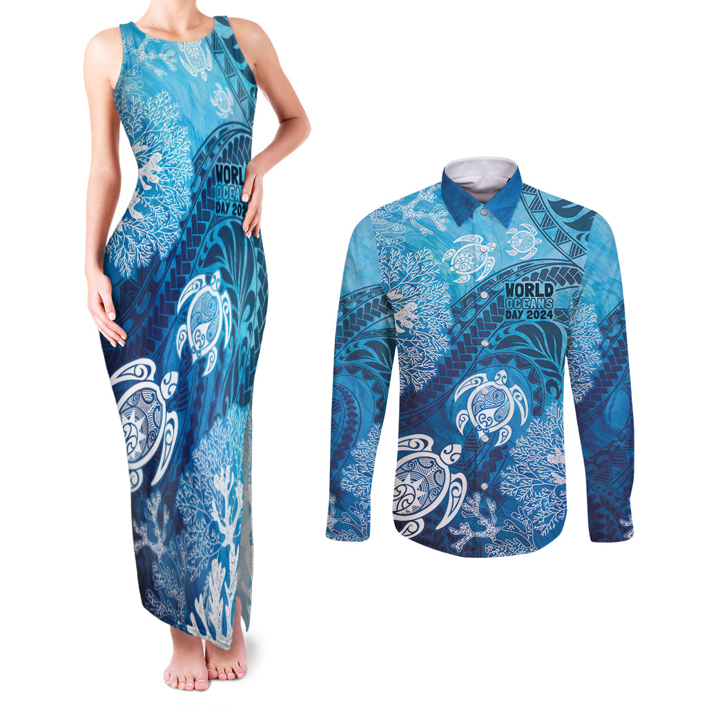 Hawaii World Ocean Day Couples Matching Tank Maxi Dress and Long Sleeve Button Shirt Kakau Turtles
