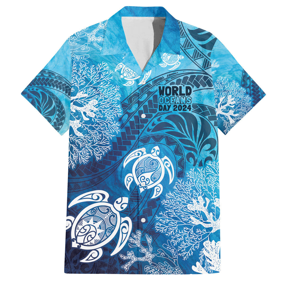 Hawaii World Ocean Day Family Matching Long Sleeve Bodycon Dress and Hawaiian Shirt Kakau Turtles LT7 Dad's Shirt - Short Sleeve Blue - Polynesian Pride