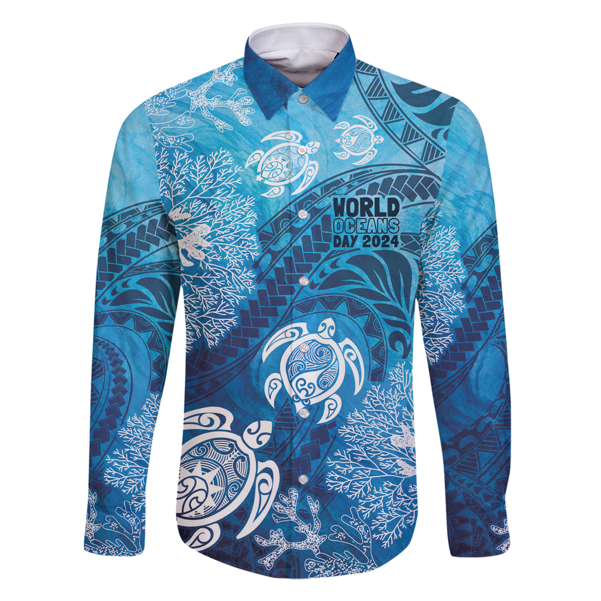 Hawaii World Ocean Day Family Matching Long Sleeve Bodycon Dress and Hawaiian Shirt Kakau Turtles LT7 Dad's Shirt - Long Sleeve Blue - Polynesian Pride