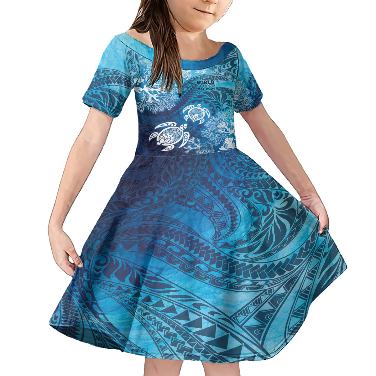 Hawaii World Ocean Day Family Matching Short Sleeve Bodycon Dress and Hawaiian Shirt Kakau Turtles LT7 Daughter's Dress Blue - Polynesian Pride