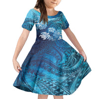 Hawaii World Ocean Day Family Matching Short Sleeve Bodycon Dress and Hawaiian Shirt Kakau Turtles LT7 Daughter's Dress Blue - Polynesian Pride