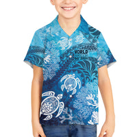 Hawaii World Ocean Day Family Matching Tank Maxi Dress and Hawaiian Shirt Kakau Turtles LT7 Son's Shirt Blue - Polynesian Pride