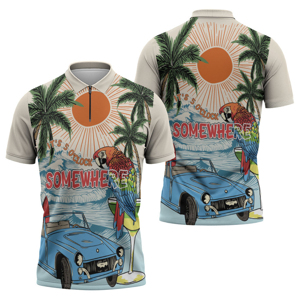Summer Holiday It's 5 o'clock Somewhere Vintage Hawaii Zipper Polo Shirt
