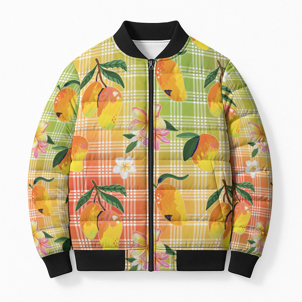 Aloha Hawaii Palaka Print Mango Plumeria Bomber Puffer Jacket Tropical Vibes