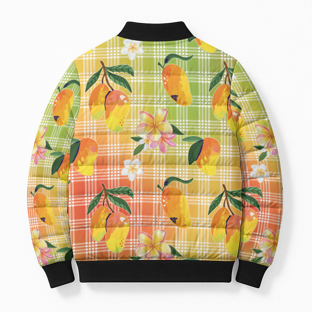 Aloha Hawaii Palaka Print Mango Plumeria Bomber Puffer Jacket Tropical Vibes