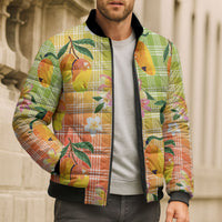 Aloha Hawaii Palaka Print Mango Plumeria Bomber Puffer Jacket Tropical Vibes