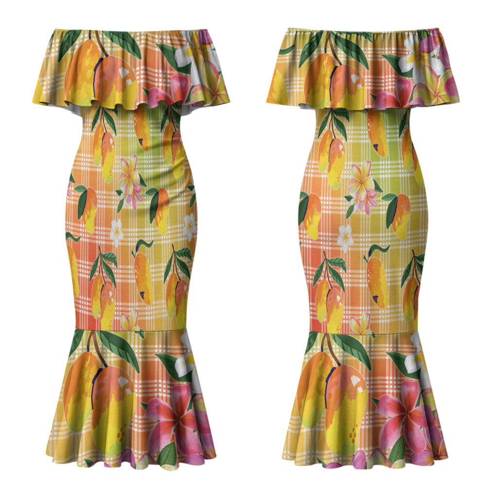 Aloha Hawaii Palaka Print Mango Plumeria Couples Matching Mermaid Dress and Long Sleeve Button Shirt Tropical Vibes