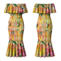 Aloha Hawaii Palaka Print Mango Plumeria Couples Matching Mermaid Dress and Long Sleeve Button Shirt Tropical Vibes