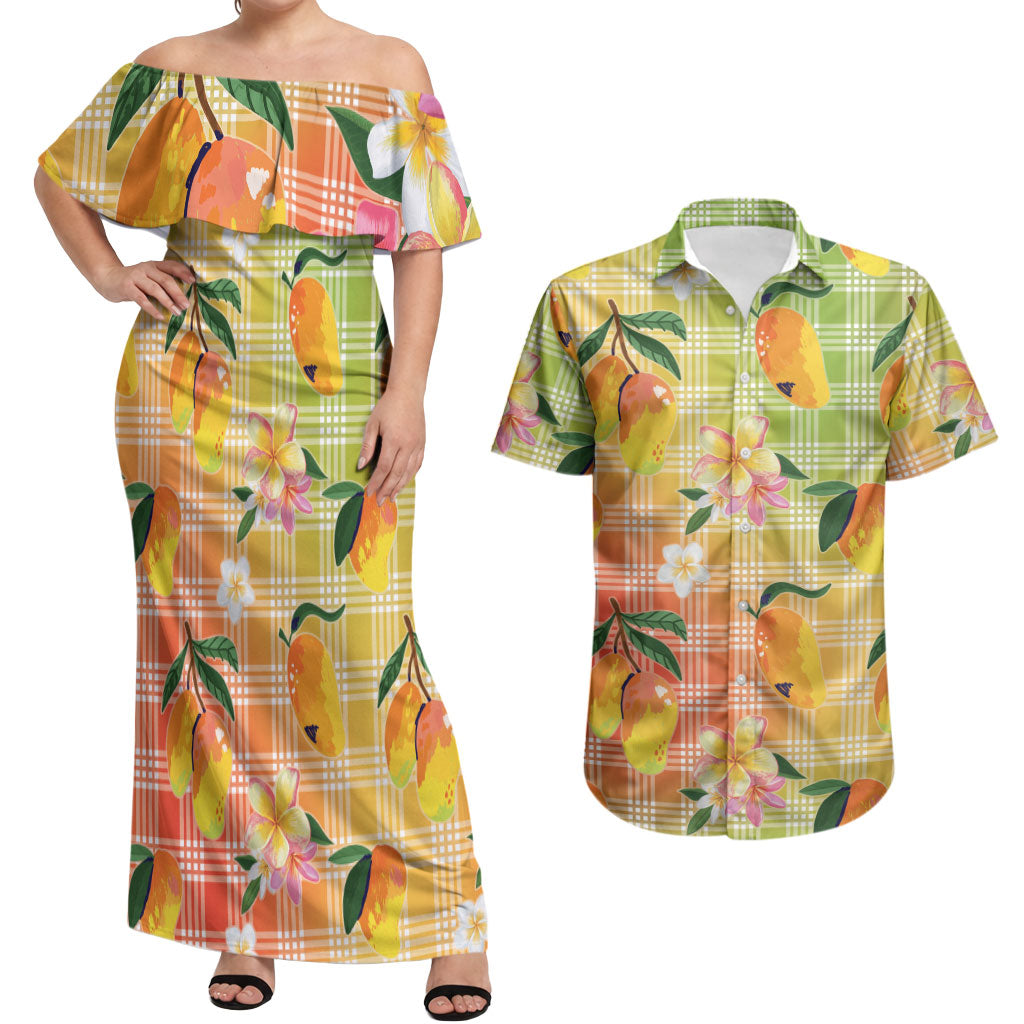 Aloha Hawaii Palaka Print Mango Plumeria Couples Matching Off Shoulder Maxi Dress and Hawaiian Shirt Tropical Vibes
