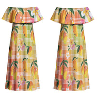 Aloha Hawaii Palaka Print Mango Plumeria Couples Matching Off Shoulder Maxi Dress and Long Sleeve Button Shirt Tropical Vibes