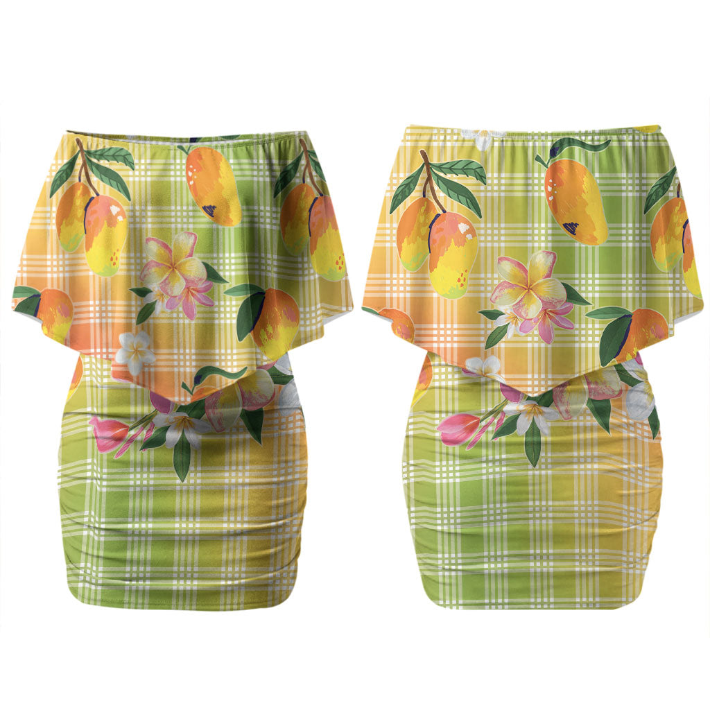Aloha Hawaii Palaka Print Mango Plumeria Couples Matching Off Shoulder Short Dress and Hawaiian Shirt Tropical Vibes