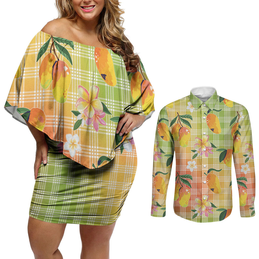 Aloha Hawaii Palaka Print Mango Plumeria Couples Matching Off Shoulder Short Dress and Long Sleeve Button Shirt Tropical Vibes
