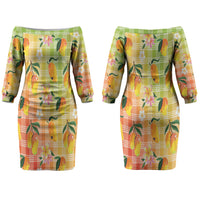 Aloha Hawaii Palaka Print Mango Plumeria Couples Matching Off The Shoulder Long Sleeve Dress and Hawaiian Shirt Tropical Vibes