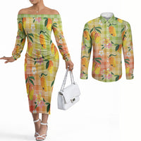 Aloha Hawaii Palaka Print Mango Plumeria Couples Matching Off The Shoulder Long Sleeve Dress and Long Sleeve Button Shirt Tropical Vibes