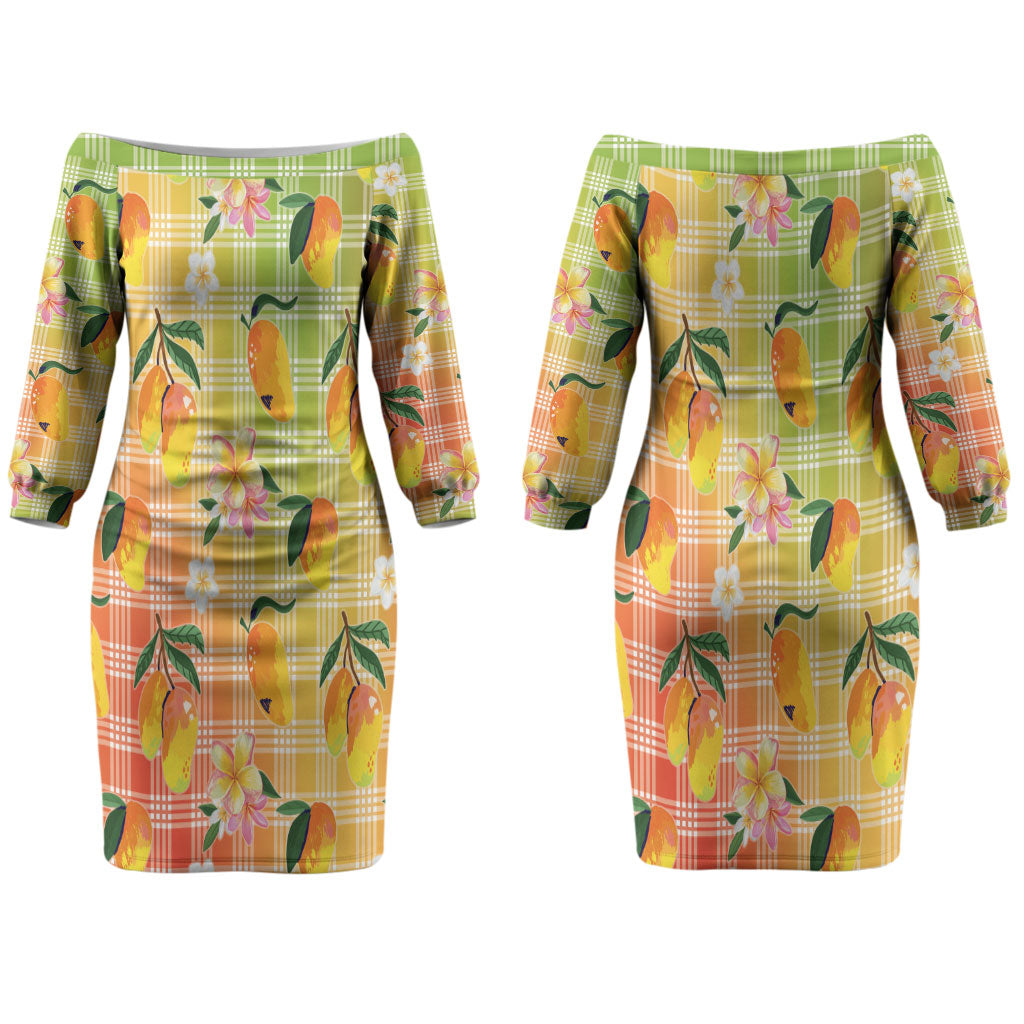 Aloha Hawaii Palaka Print Mango Plumeria Couples Matching Off The Shoulder Long Sleeve Dress and Long Sleeve Button Shirt Tropical Vibes