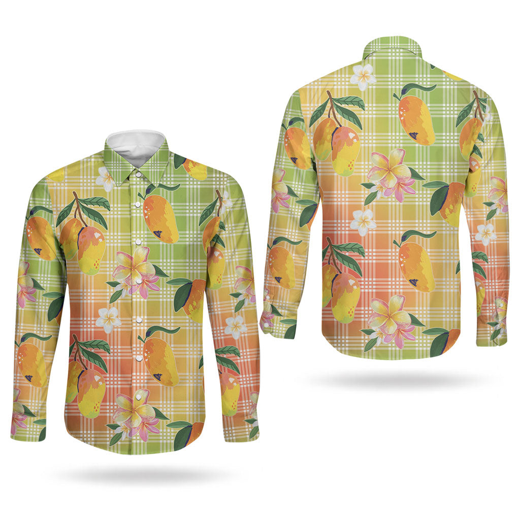 Aloha Hawaii Palaka Print Mango Plumeria Couples Matching Puletasi and Long Sleeve Button Shirt Tropical Vibes