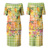 Aloha Hawaii Palaka Print Mango Plumeria Couples Matching Puletasi and Long Sleeve Button Shirt Tropical Vibes
