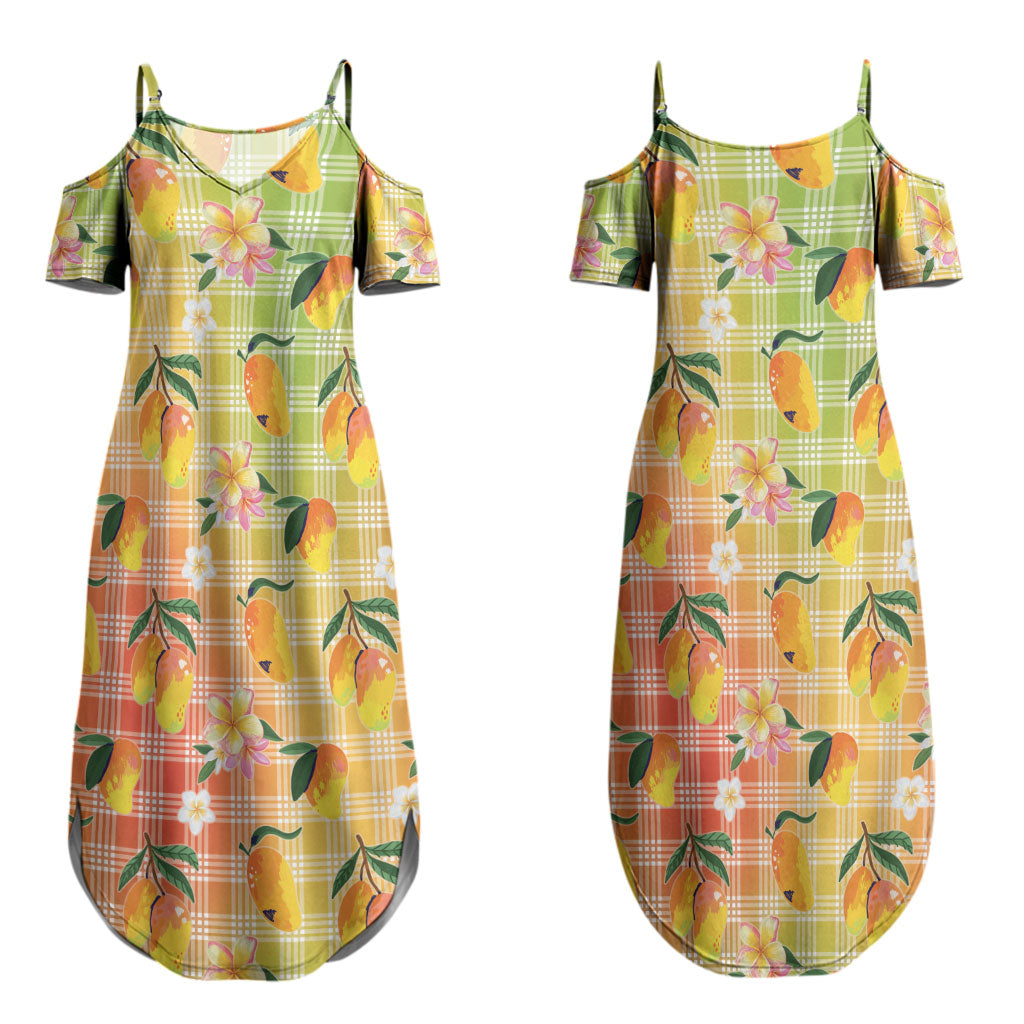 Aloha Hawaii Palaka Print Mango Plumeria Couples Matching Summer Maxi Dress and Hawaiian Shirt Tropical Vibes