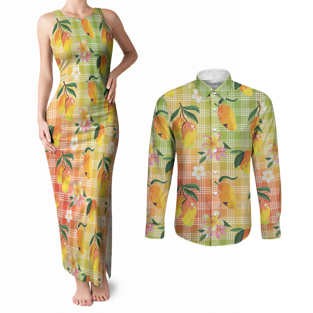 Aloha Hawaii Palaka Print Mango Plumeria Couples Matching Tank Maxi Dress and Long Sleeve Button Shirt Tropical Vibes