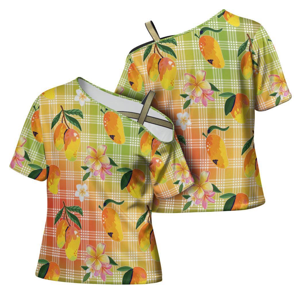 Aloha Hawaii Palaka Print Mango Plumeria Cross Shoulder Shirt Tropical Vibes