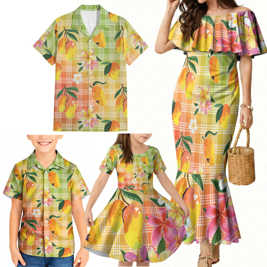 Aloha Hawaii Palaka Print Mango Plumeria Family Matching Mermaid Dress and Hawaiian Shirt Tropical Vibes