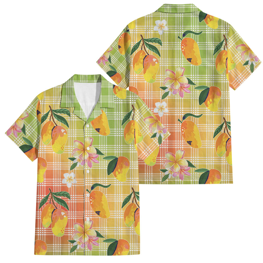 Aloha Hawaii Palaka Print Mango Plumeria Family Matching Off The Shoulder Long Sleeve Dress and Hawaiian Shirt Tropical Vibes