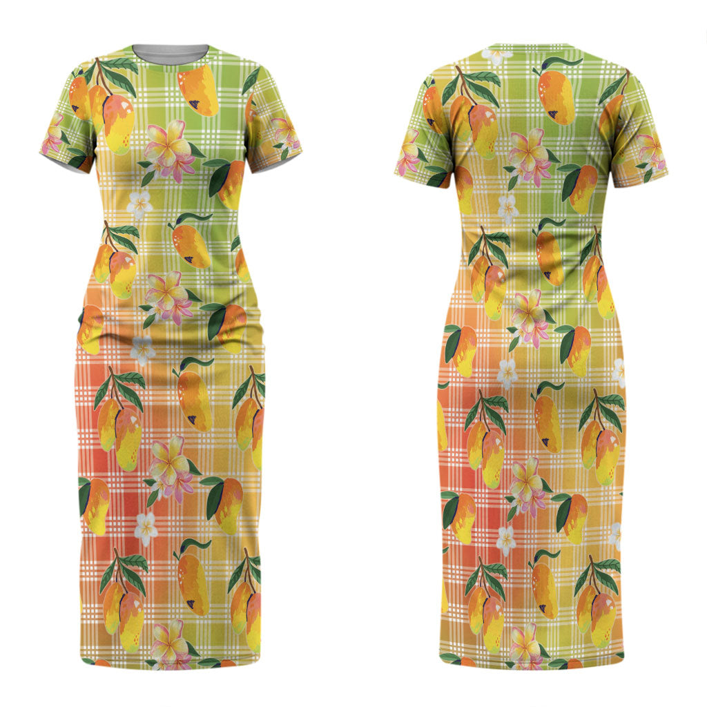 Aloha Hawaii Palaka Print Mango Plumeria Family Matching Short Sleeve Bodycon Dress and Hawaiian Shirt Tropical Vibes