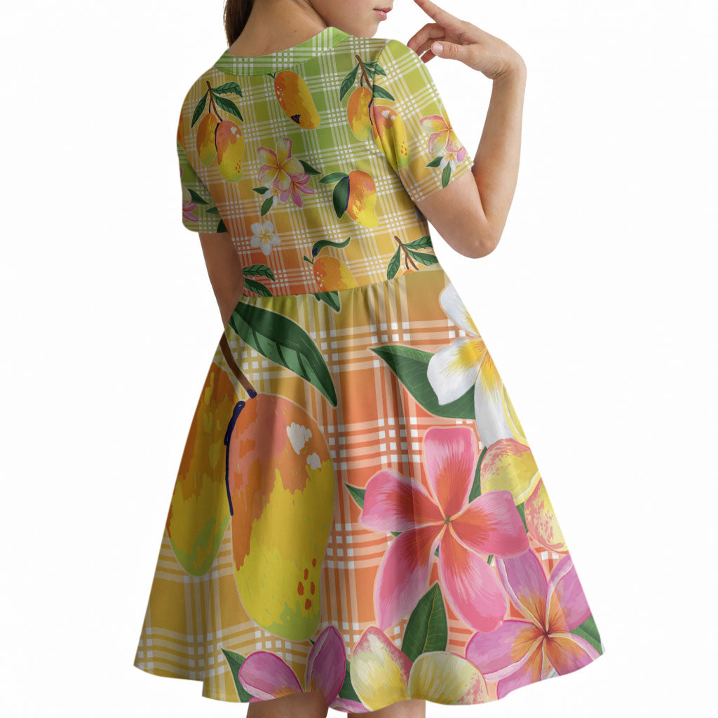 Aloha Hawaii Palaka Print Mango Plumeria Kid Short Sleeve Dress Tropical Vibes