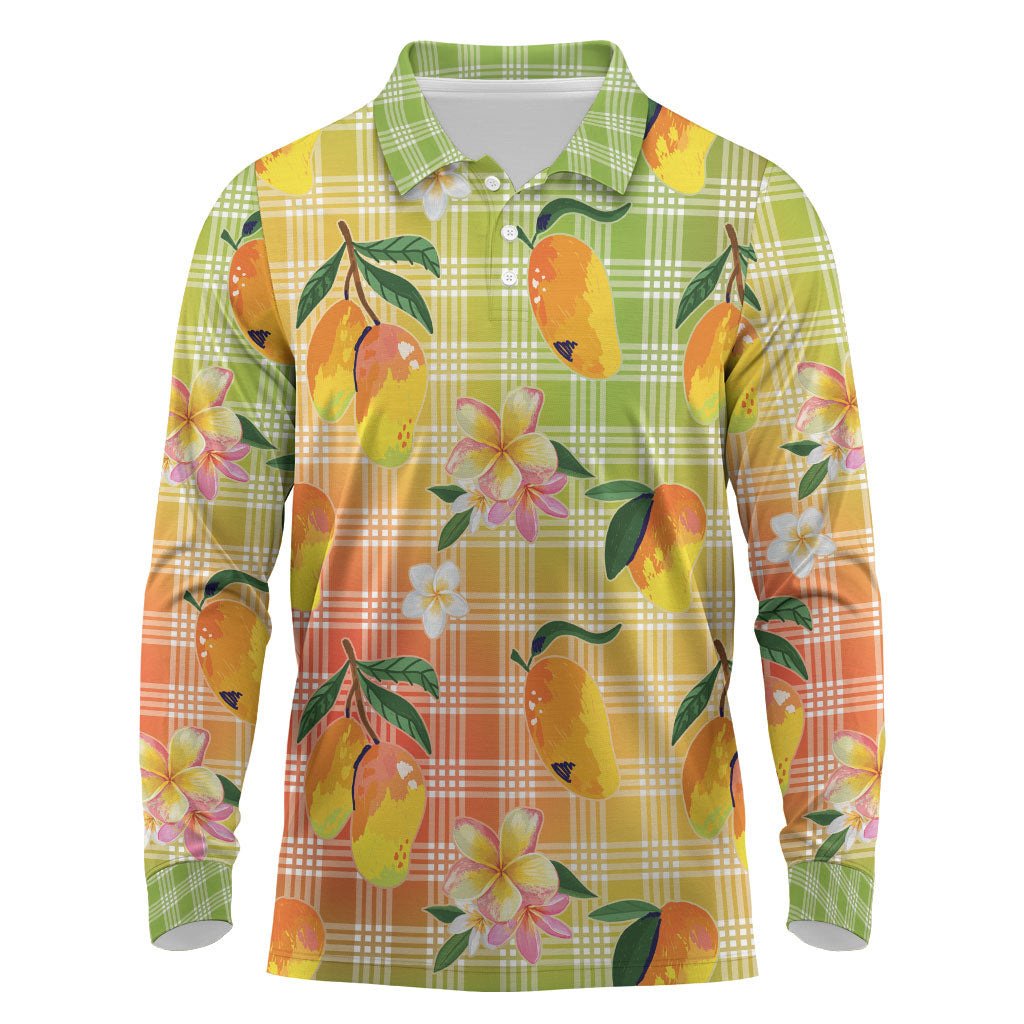 Aloha Hawaii Palaka Print Mango Plumeria Long Sleeve Polo Shirt Tropical Vibes