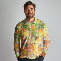 Aloha Hawaii Palaka Print Mango Plumeria Long Sleeve Polo Shirt Tropical Vibes