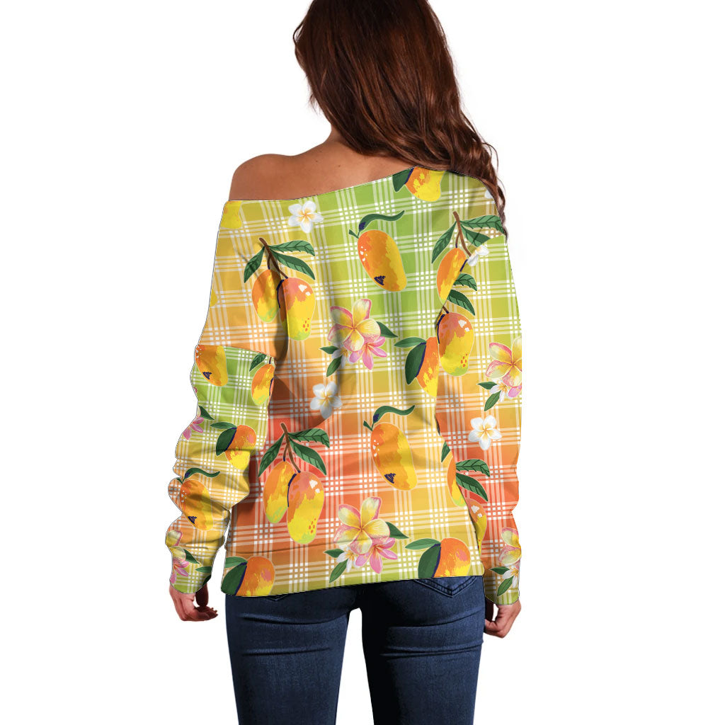Aloha Hawaii Palaka Print Mango Plumeria Off Shoulder Sweater Tropical Vibes