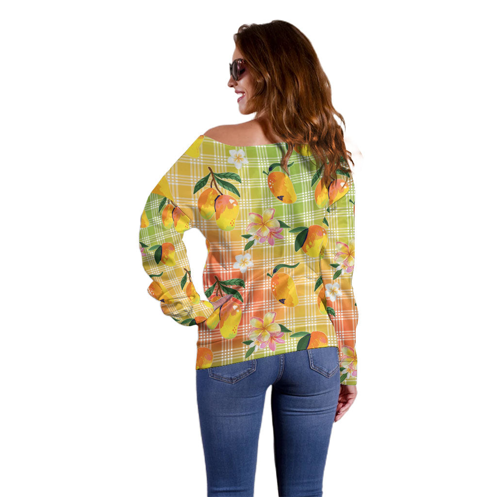 Aloha Hawaii Palaka Print Mango Plumeria Off Shoulder Sweater Tropical Vibes