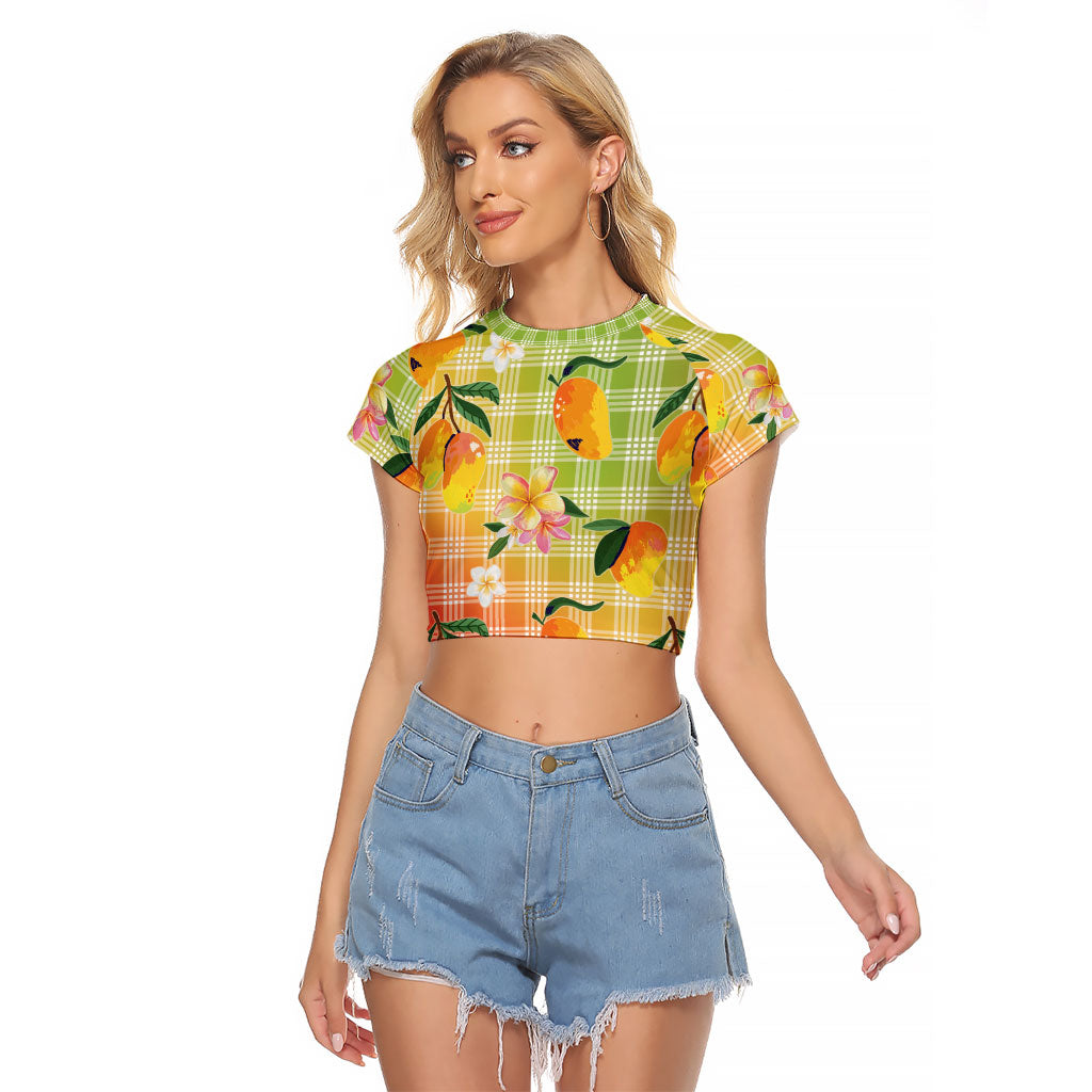 Aloha Hawaii Palaka Print Mango Plumeria Raglan Cropped T Shirt Tropical Vibes