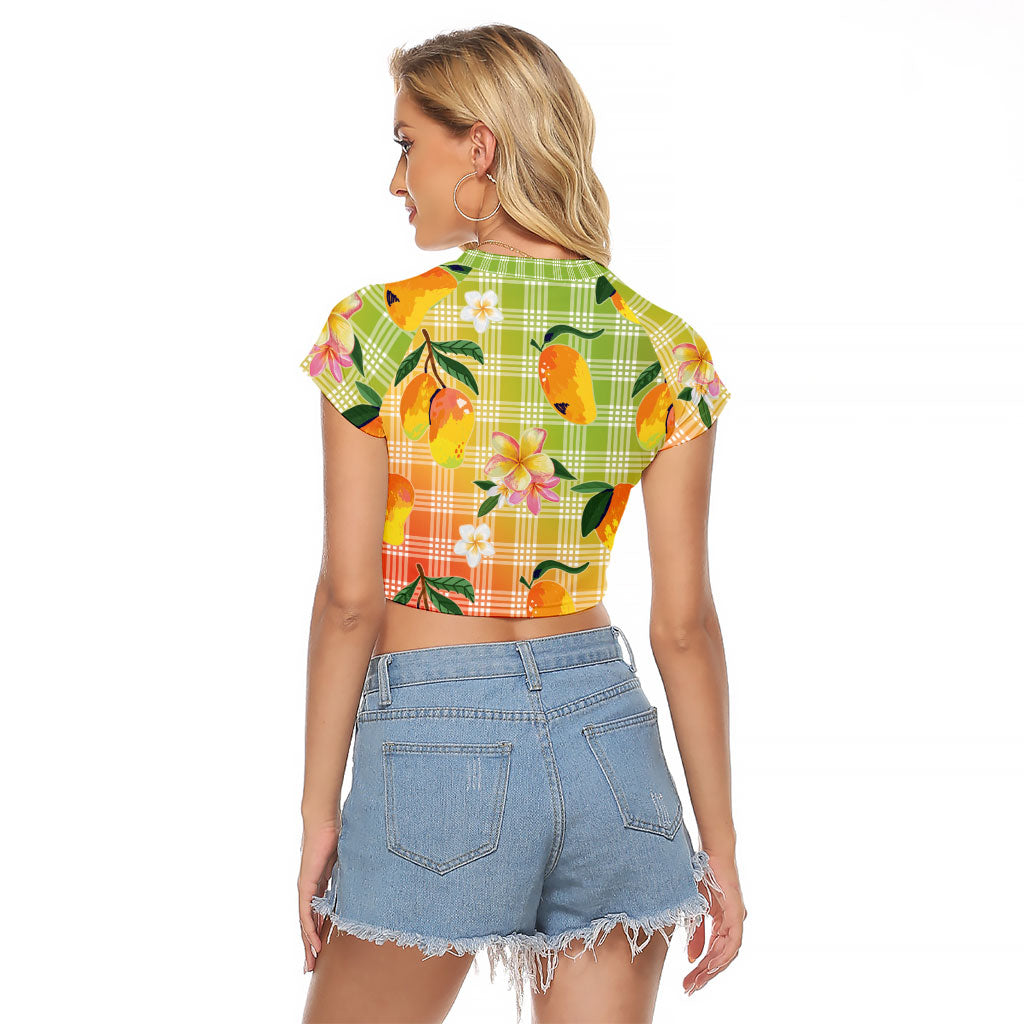 Aloha Hawaii Palaka Print Mango Plumeria Raglan Cropped T Shirt Tropical Vibes